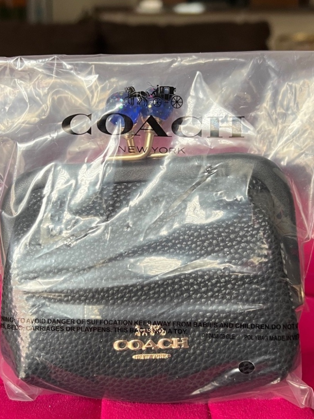 Coach Black Pebbled Leather Kisslock Coin Purse Crystal Clasp Mini Pouch - Picture 2 of 9